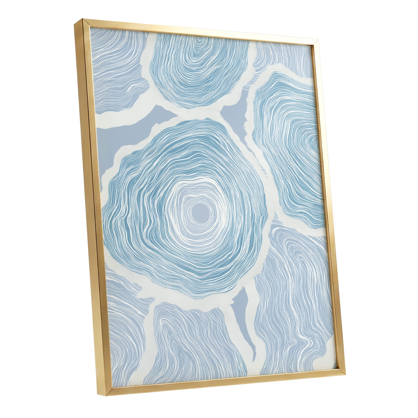 Pale Tidal Whorls, blue, white, gray abstract wall art shown as a gold framed poster wall art print