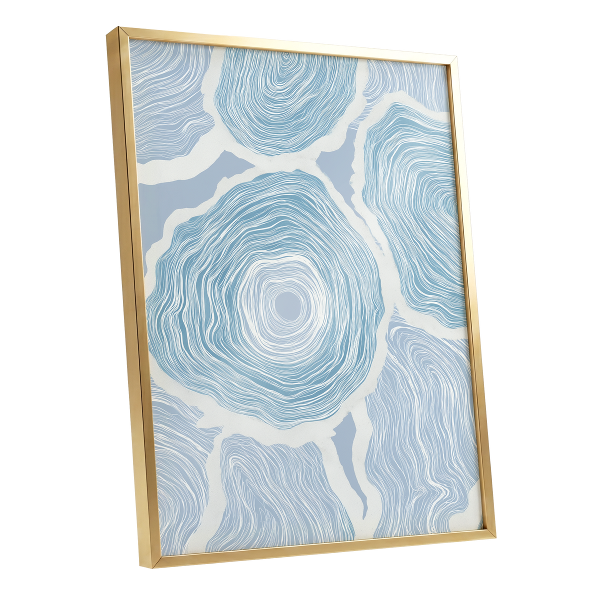 Pale Tidal Whorls, blue, white, gray abstract wall art shown as a gold framed poster wall art print