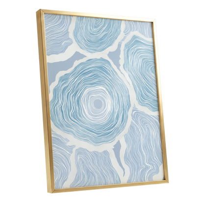 Pale Tidal Whorls, blue, white, gray abstract wall art shown as a gold framed poster wall art print