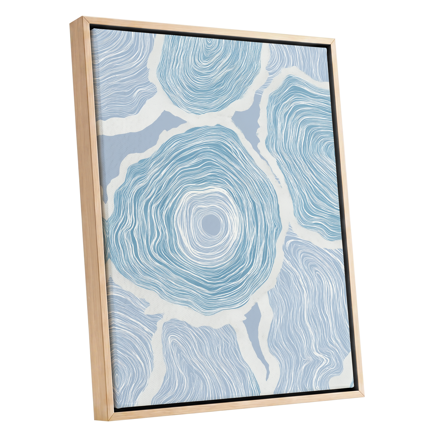 Pale Tidal Whorls, blue, white, gray abstract wall art shown as a oak framed canvas wall art