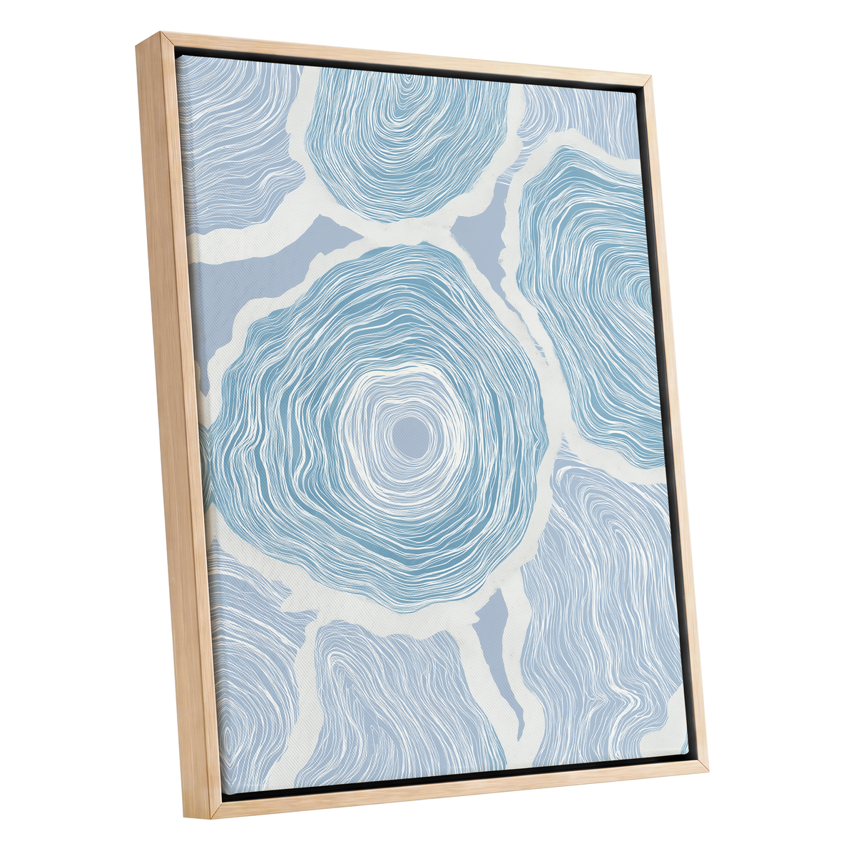 Pale Tidal Whorls, blue, white, gray abstract wall art shown as a oak framed canvas wall art