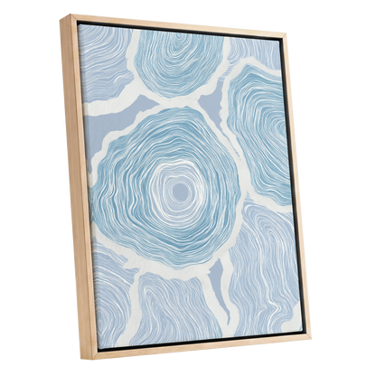 Pale Tidal Whorls, blue, white, gray abstract wall art shown as a oak framed canvas wall art