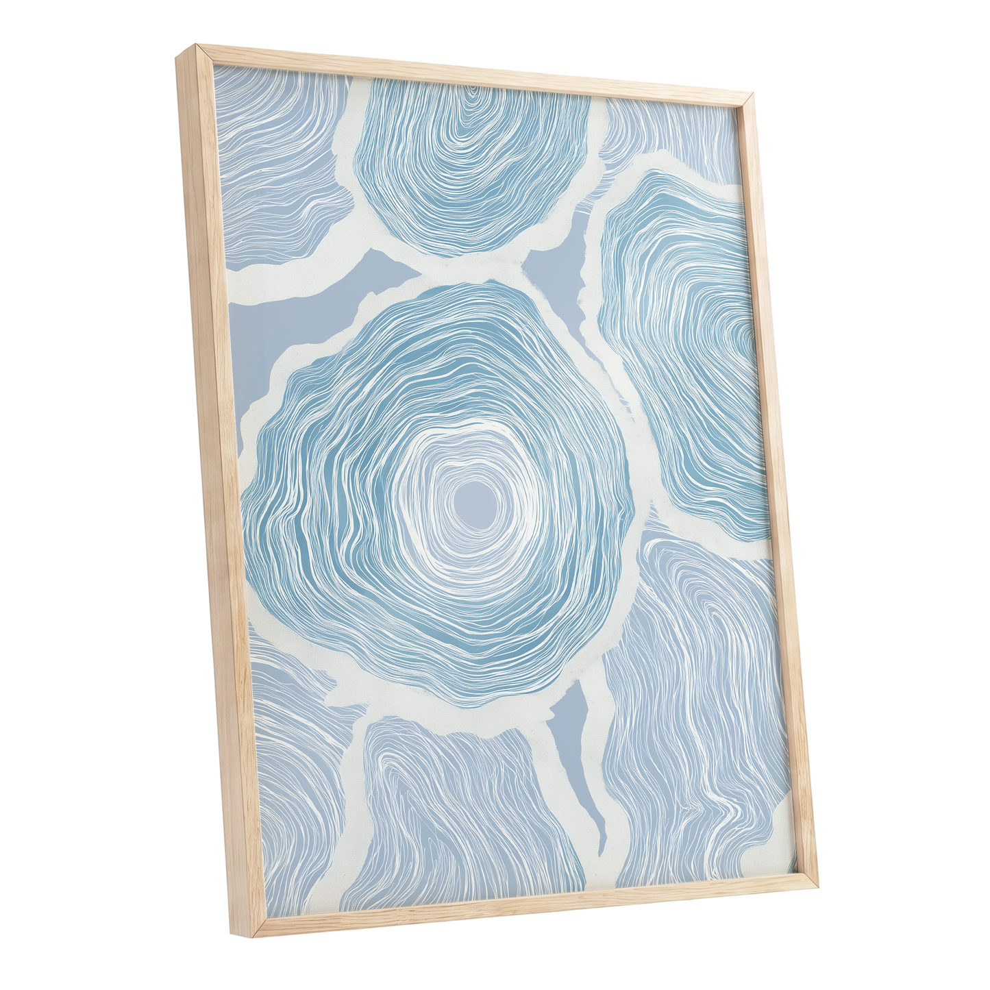 Pale Tidal Whorls, blue, white, gray abstract wall art shown as a oak framed poster wall art print