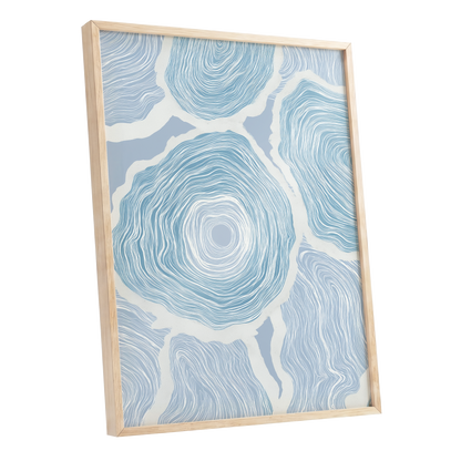 Pale Tidal Whorls, blue, white, gray abstract wall art shown as a oak framed poster wall art print
