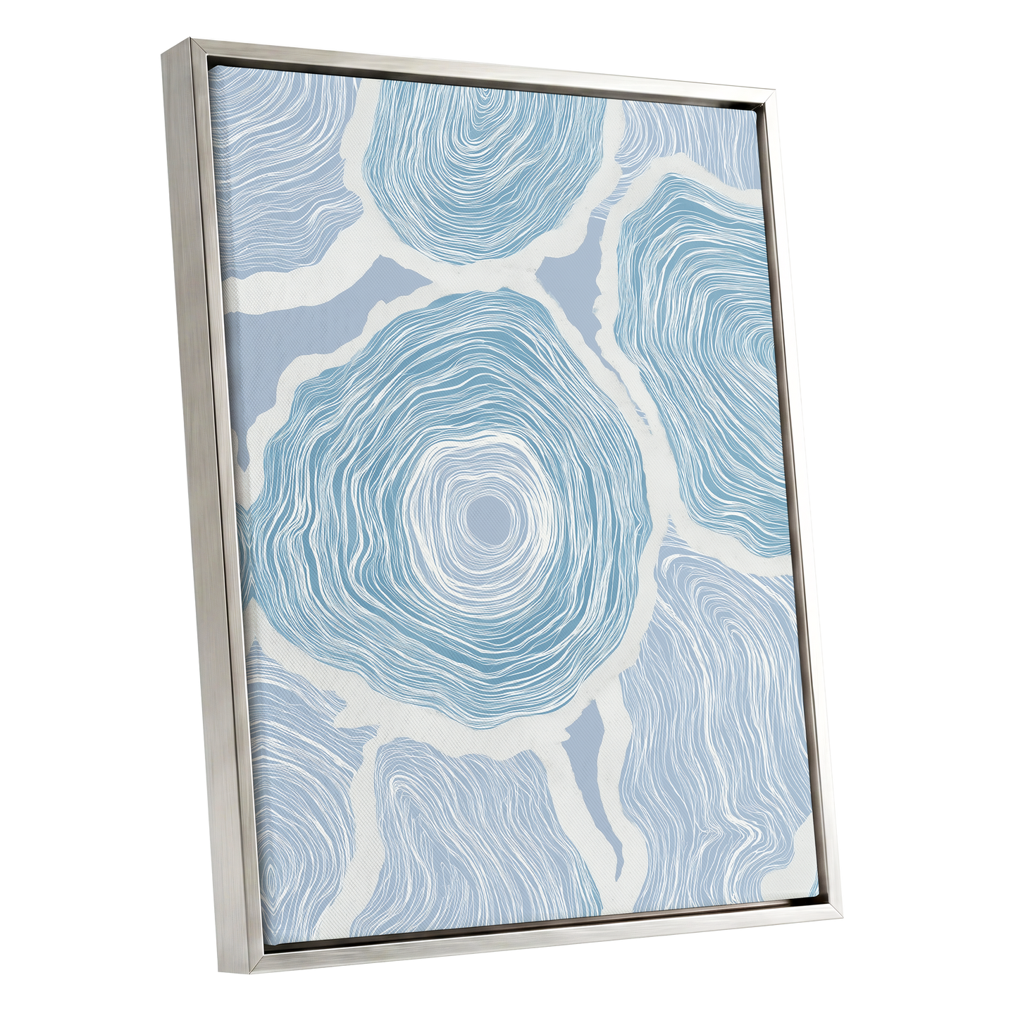 Pale Tidal Whorls, blue, white, gray abstract wall art shown as a silver framed canvas wall art