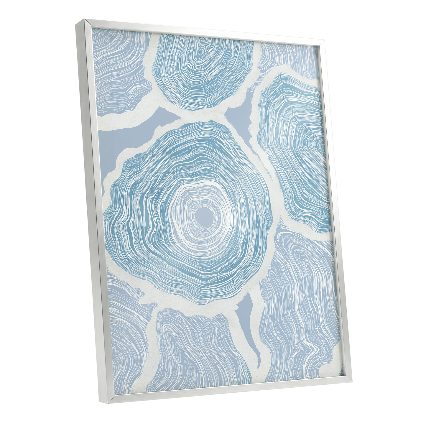 Pale Tidal Whorls, blue, white, gray abstract wall art shown as a silver framed poster wall art print