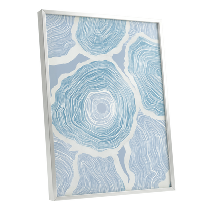 Pale Tidal Whorls, blue, white, gray abstract wall art shown as a silver framed poster wall art print