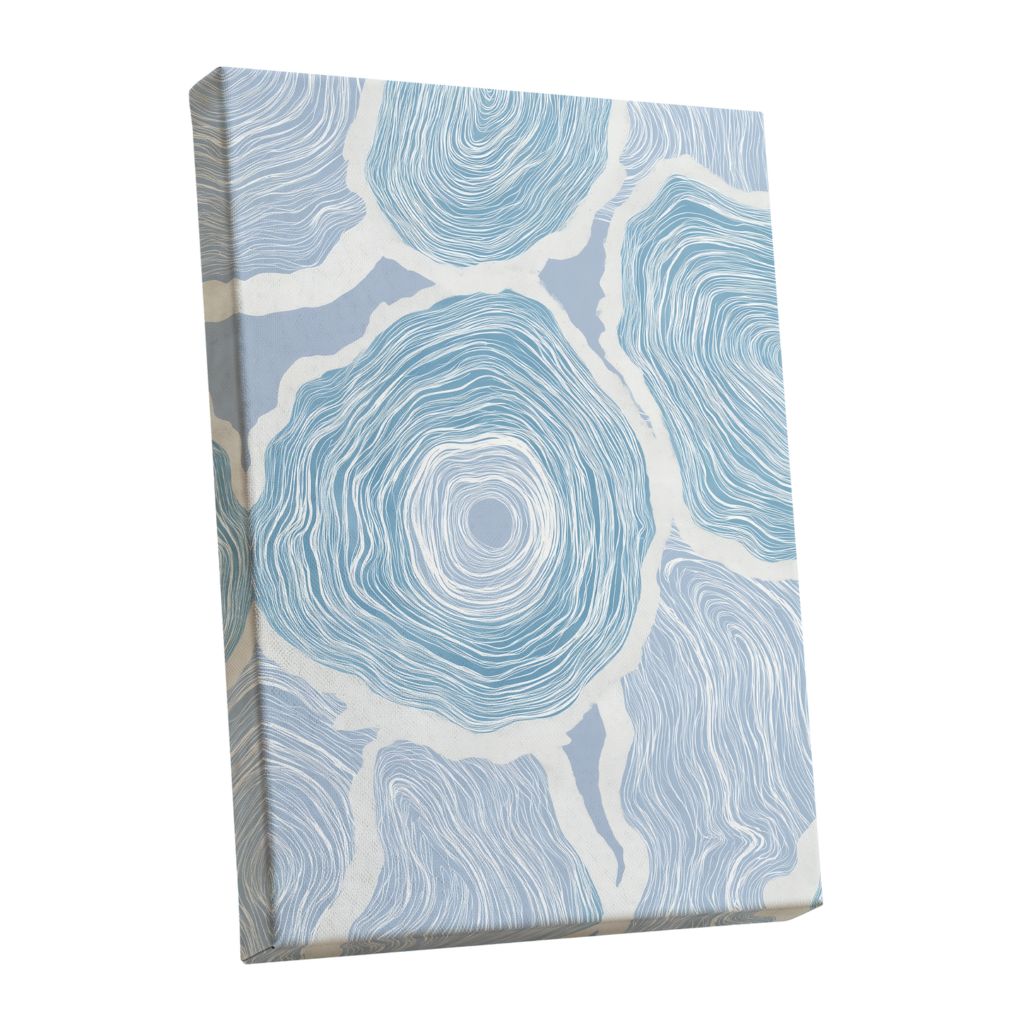 Pale Tidal Whorls, blue, white, gray abstract wall art shown as a stretched canvas wall art