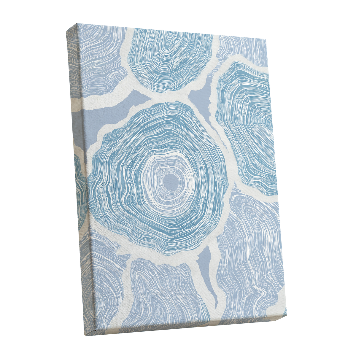 Pale Tidal Whorls, blue, white, gray abstract wall art shown as a stretched canvas wall art