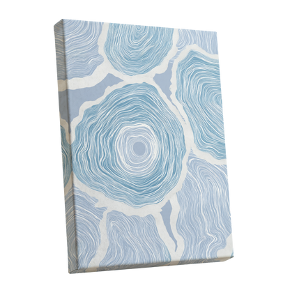 Pale Tidal Whorls, blue, white, gray abstract wall art shown as a stretched canvas wall art