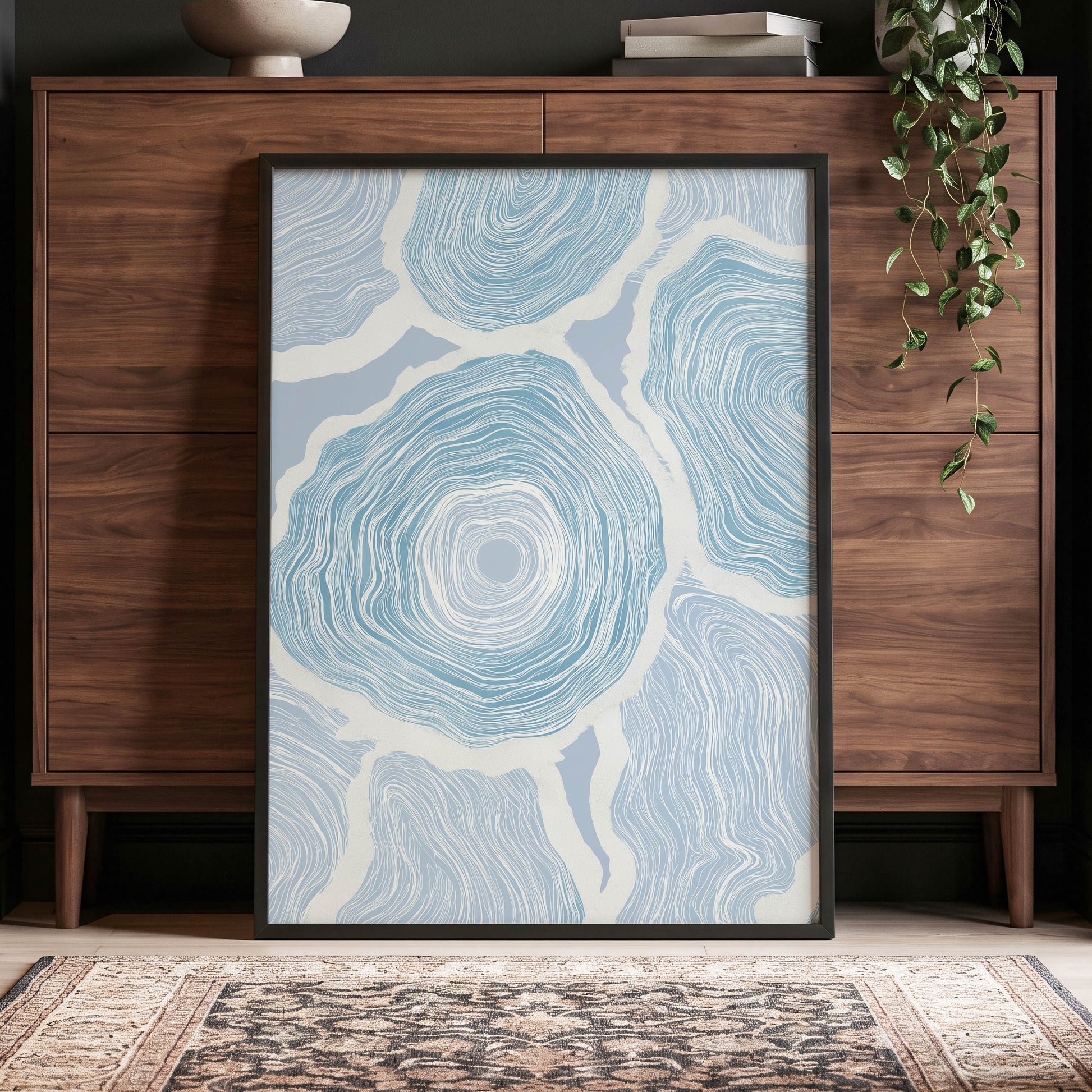 Pale Tidal Whorls, blue, white, gray abstract wall art displayed in a styled interior, gallery view 2