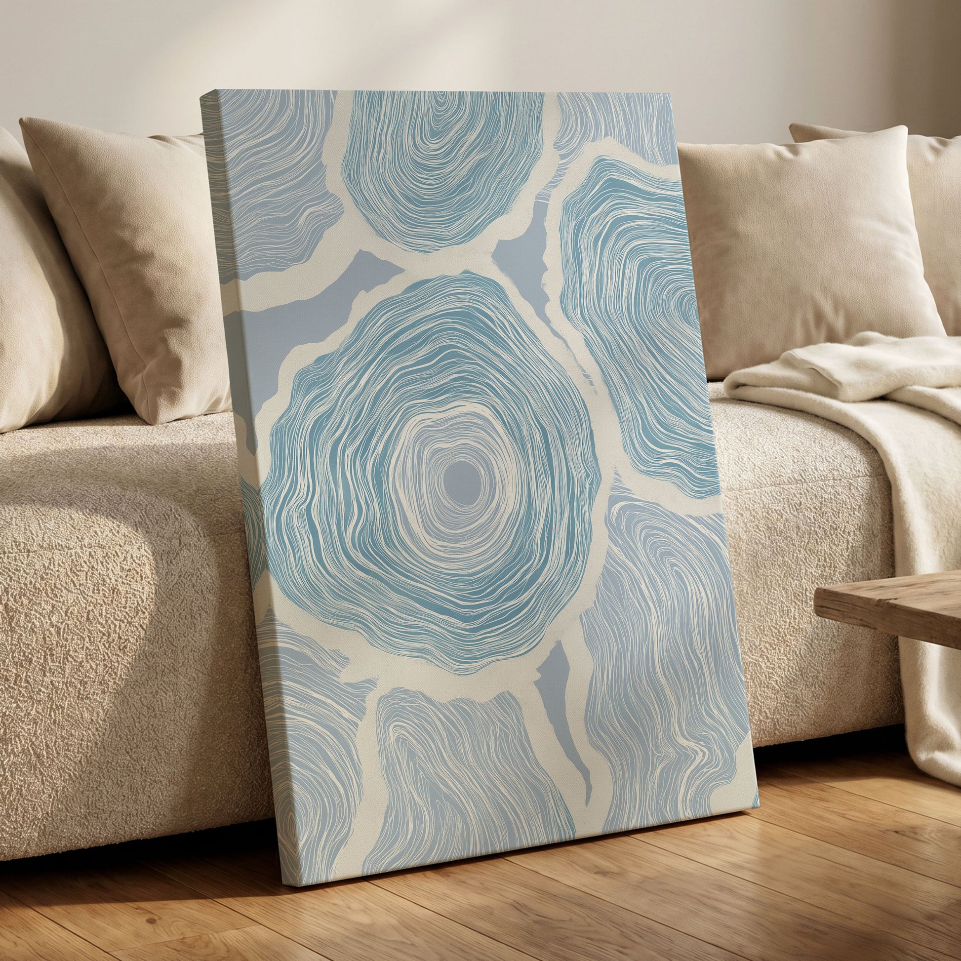 Pale Tidal Whorls, blue, white, gray abstract wall art displayed in a styled interior, gallery view 3