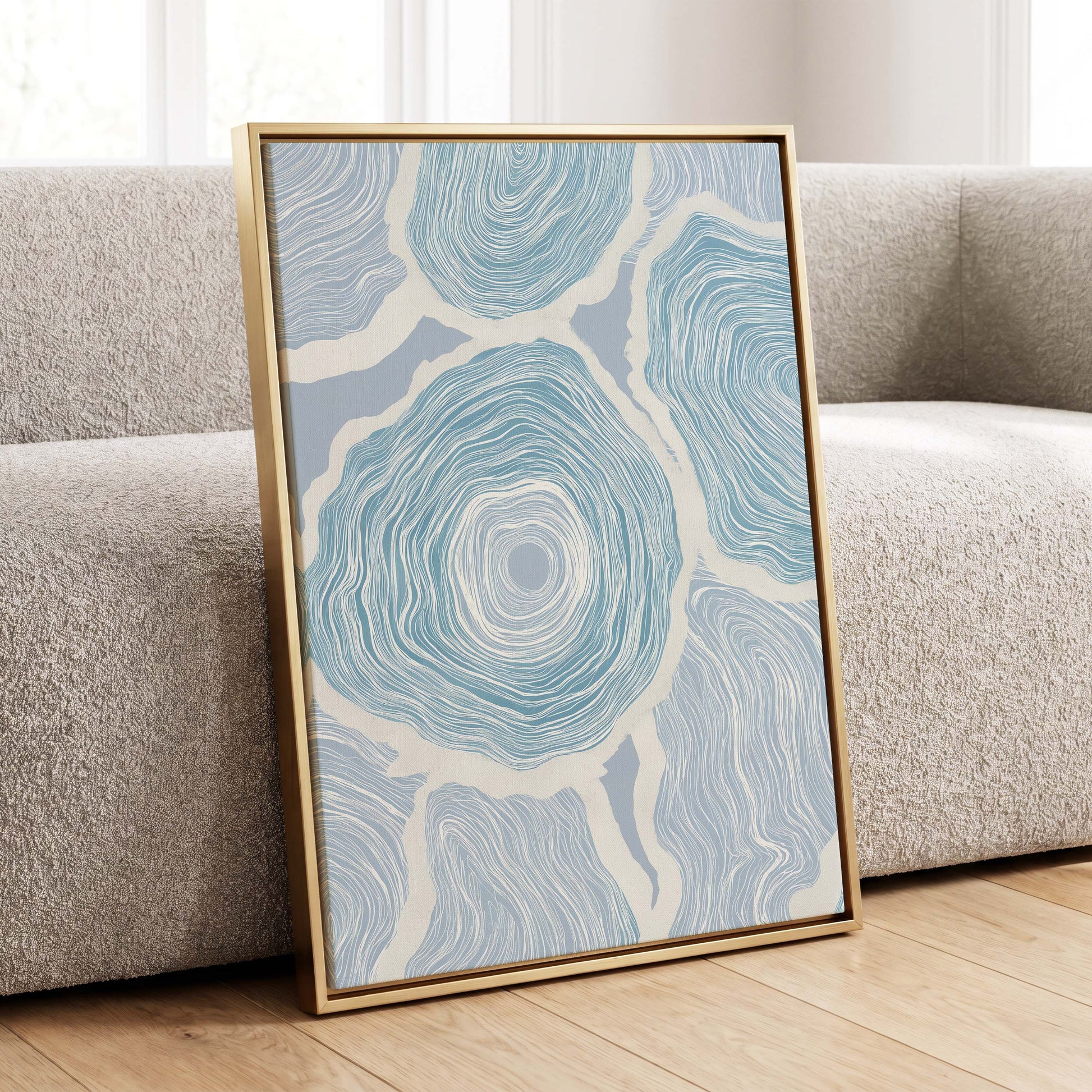 Pale Tidal Whorls, blue, white, gray abstract wall art displayed in a styled interior, gallery view 4