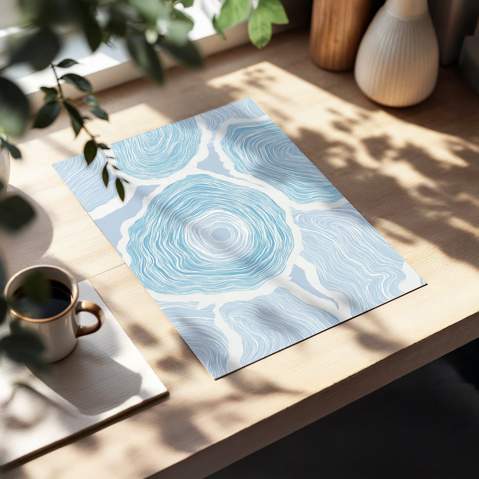 Pale Tidal Whorls, blue, white, gray abstract wall art displayed in a styled interior, gallery view 5