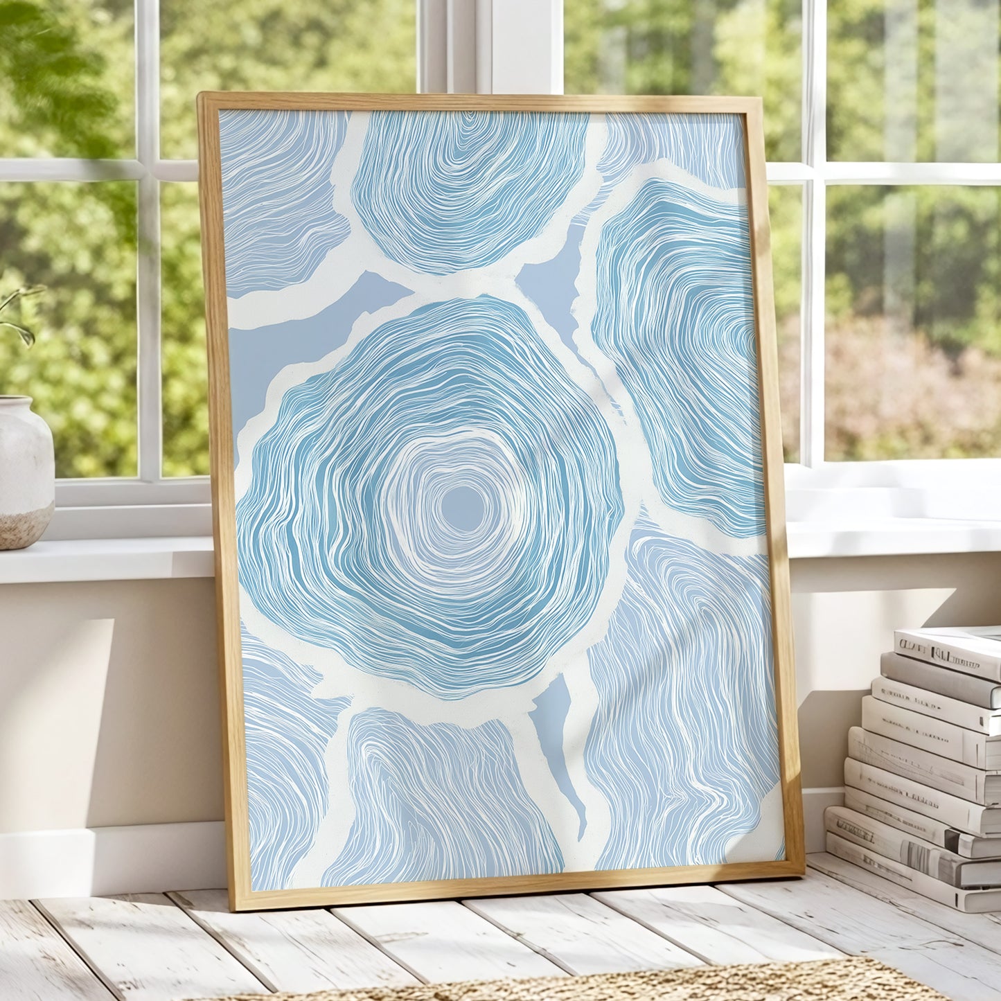 Pale Tidal Whorls, blue, white, gray abstract wall art displayed in a styled interior, gallery view 6