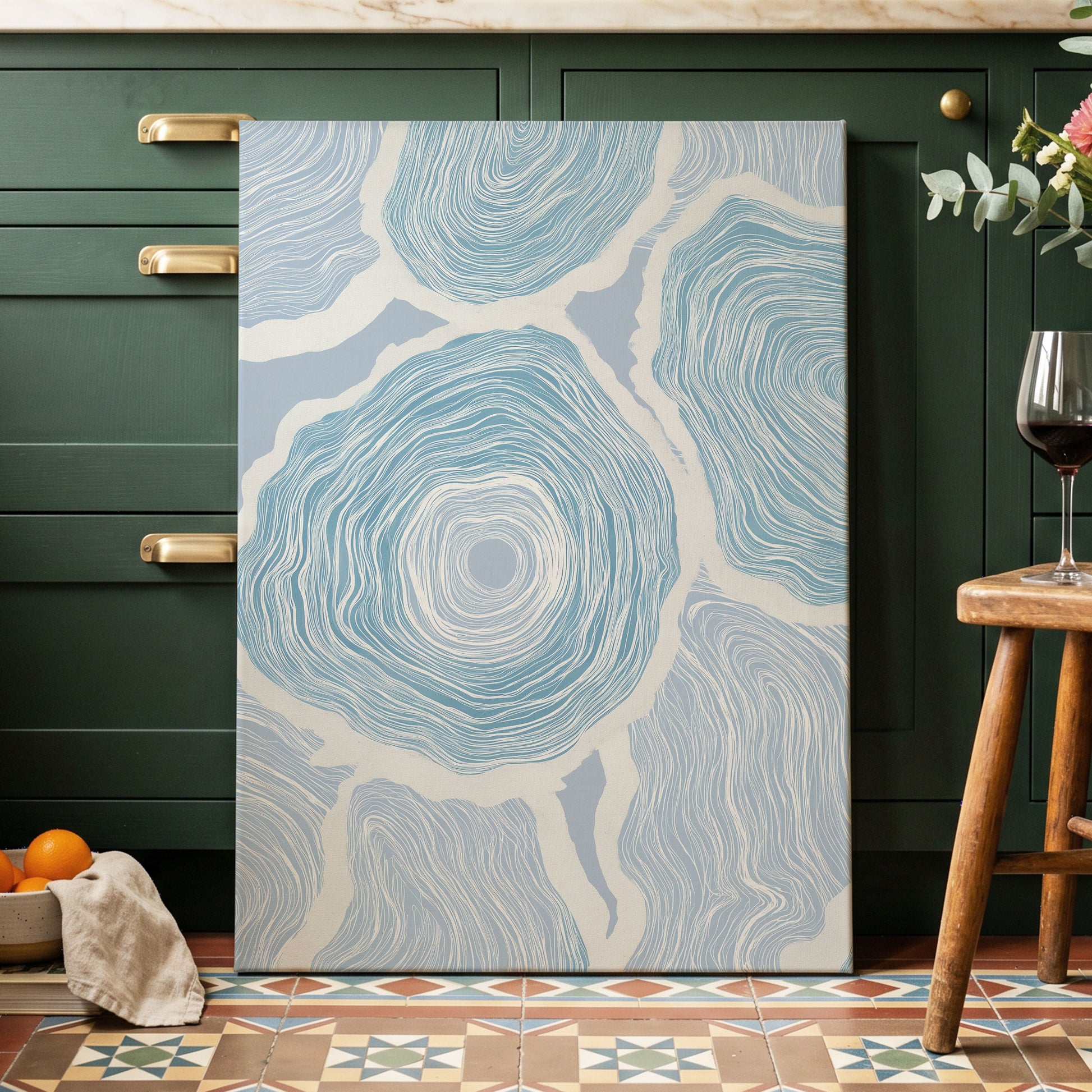 Pale Tidal Whorls, blue, white, gray abstract wall art displayed in a styled interior, gallery view 7