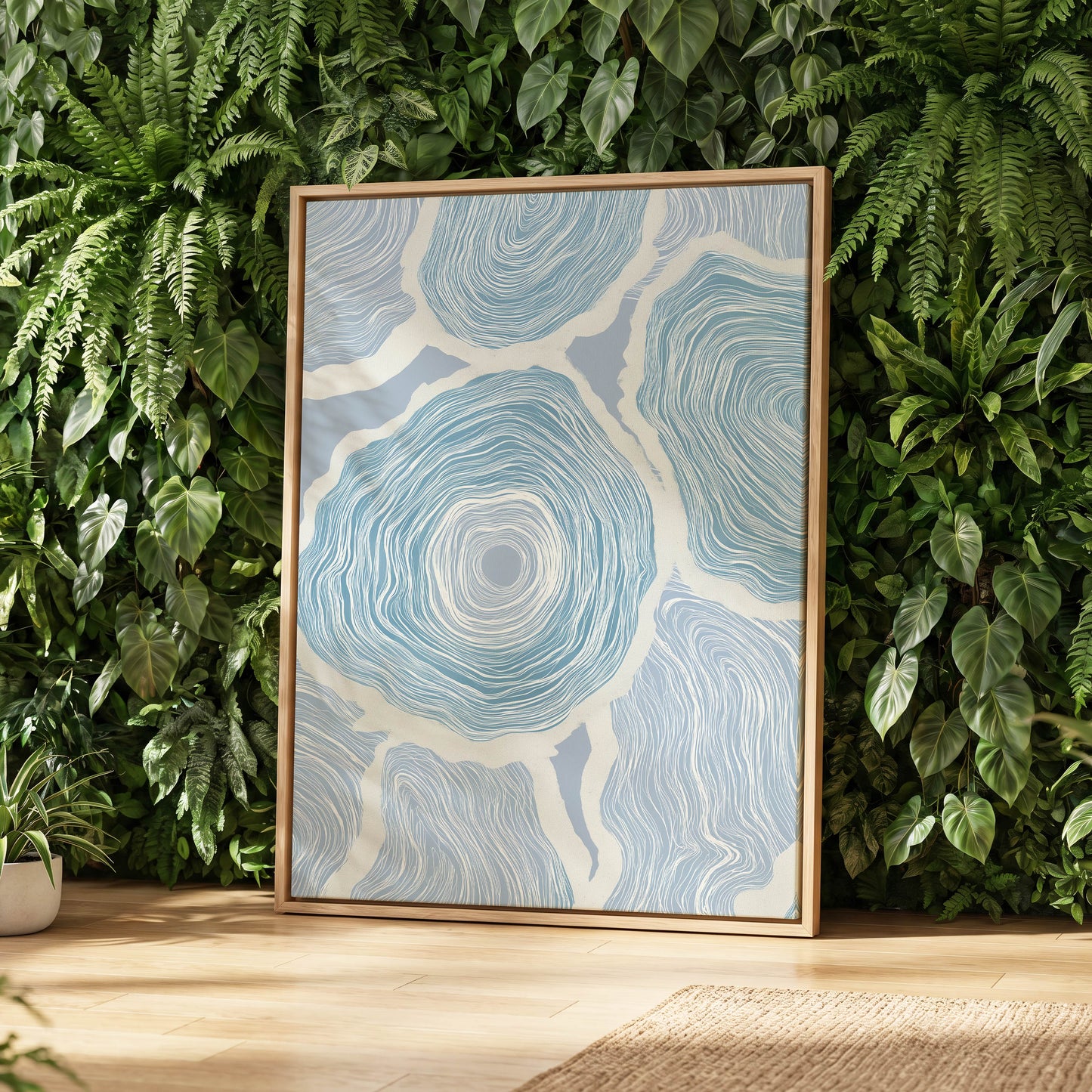 Pale Tidal Whorls, blue, white, gray abstract wall art displayed in a styled interior, gallery view 8