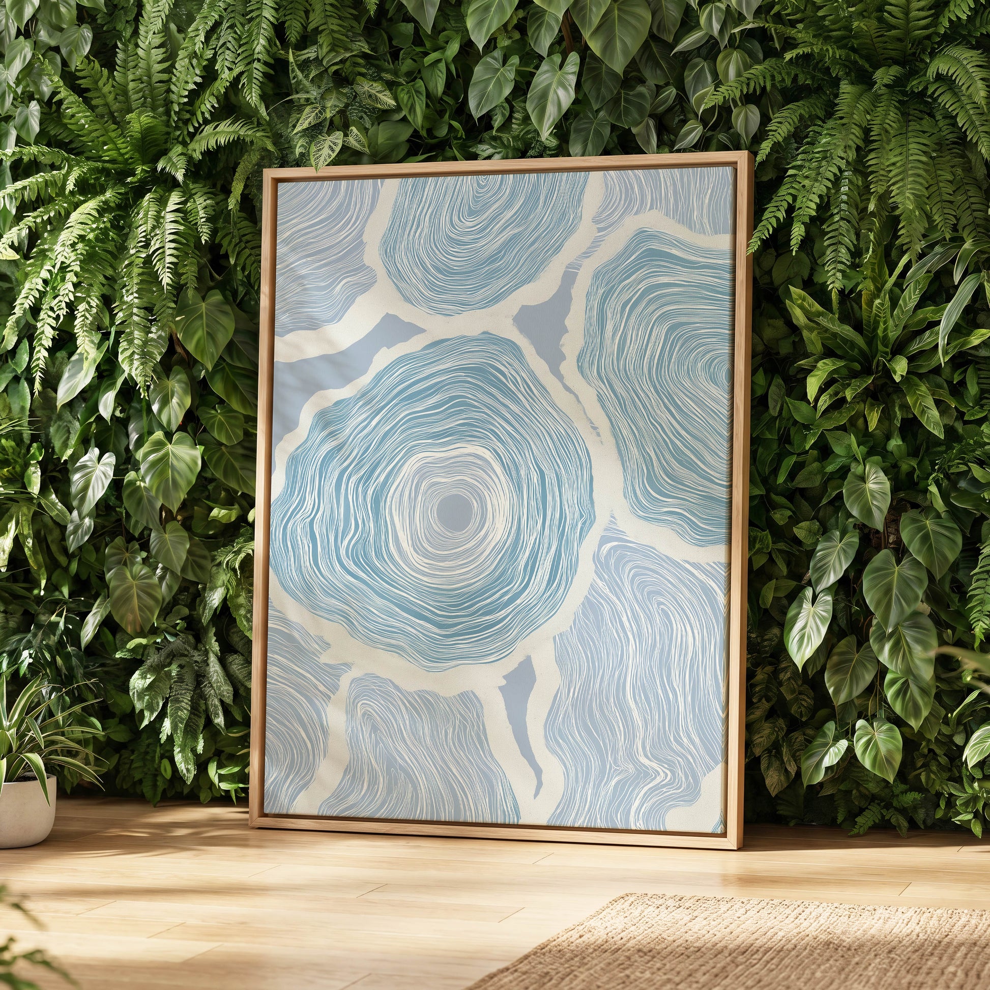 Pale Tidal Whorls, blue, white, gray abstract wall art displayed in a styled interior, gallery view 8