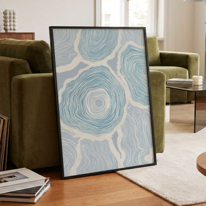 Pale Tidal Whorls, blue, white, gray abstract wall art displayed in a styled interior, gallery view 9