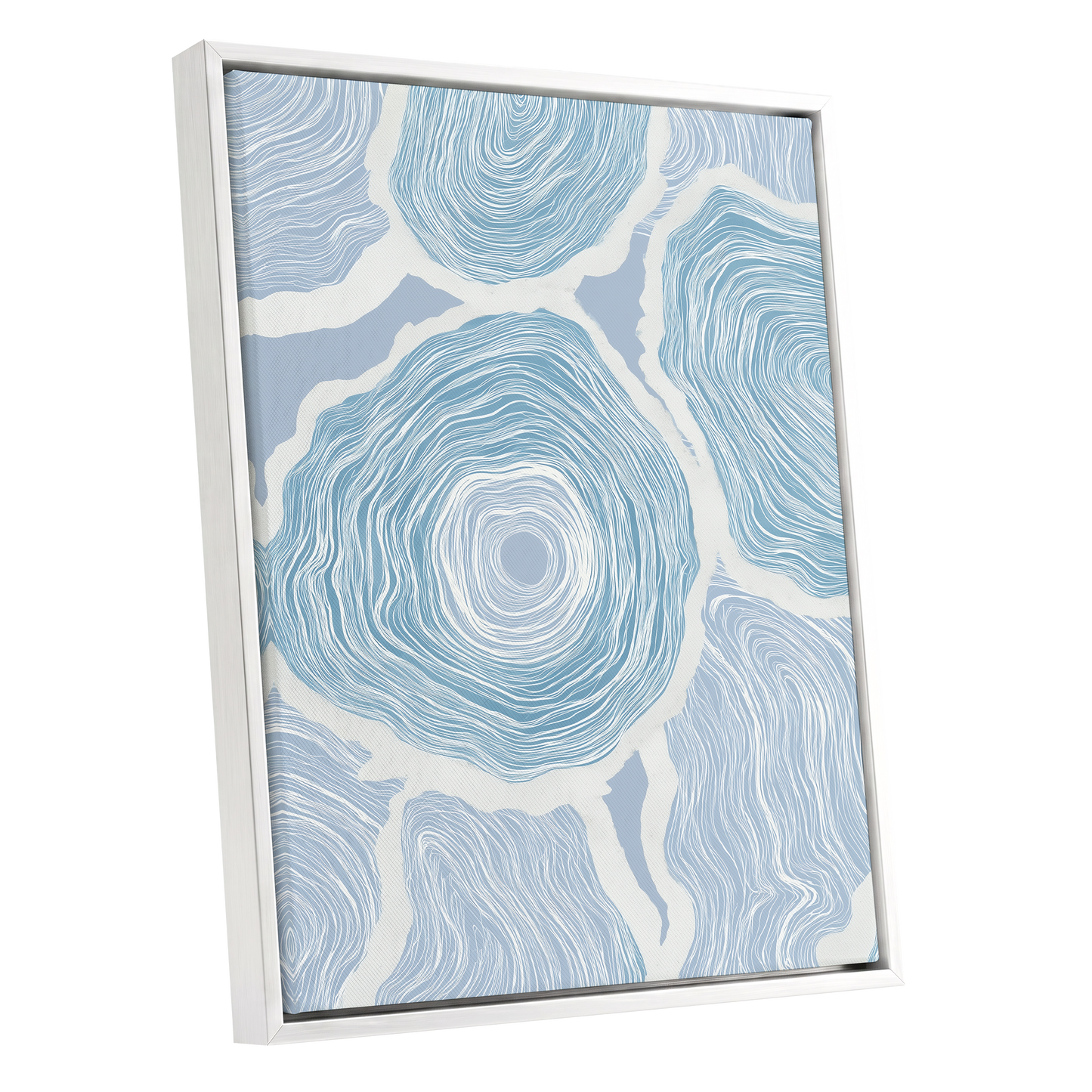 Pale Tidal Whorls, blue, white, gray abstract wall art shown as a white framed canvas wall art