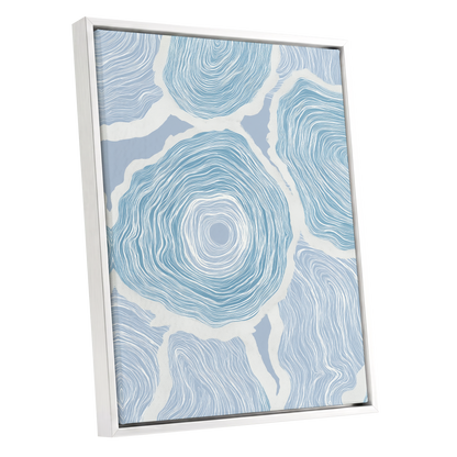 Pale Tidal Whorls, blue, white, gray abstract wall art shown as a white framed canvas wall art