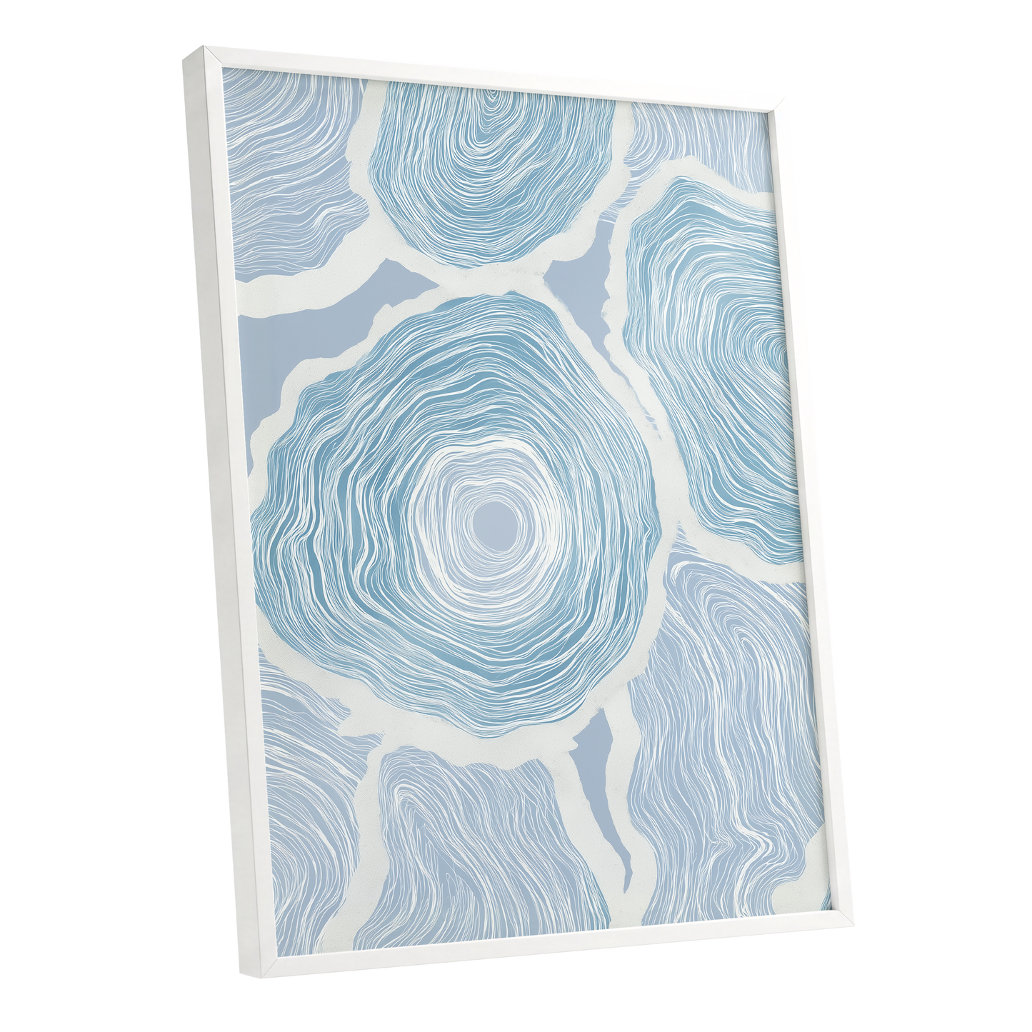 Pale Tidal Whorls, blue, white, gray abstract wall art shown as a white framed poster wall art print