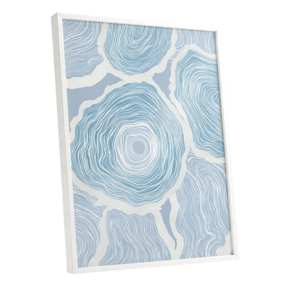Pale Tidal Whorls, blue, white, gray abstract wall art shown as a white framed poster wall art print