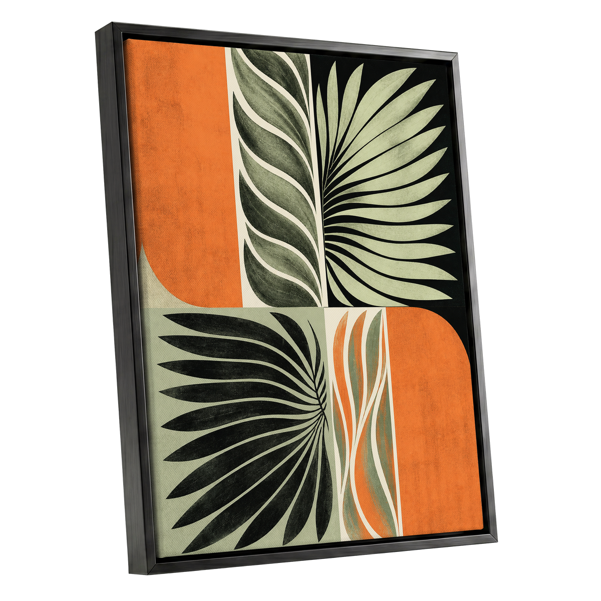 Palm Frond Rhythm, green, black, beige nature wall art shown as a black framed canvas wall art