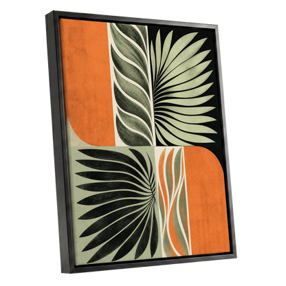Palm Frond Rhythm, green, black, beige nature wall art shown as a black framed canvas wall art