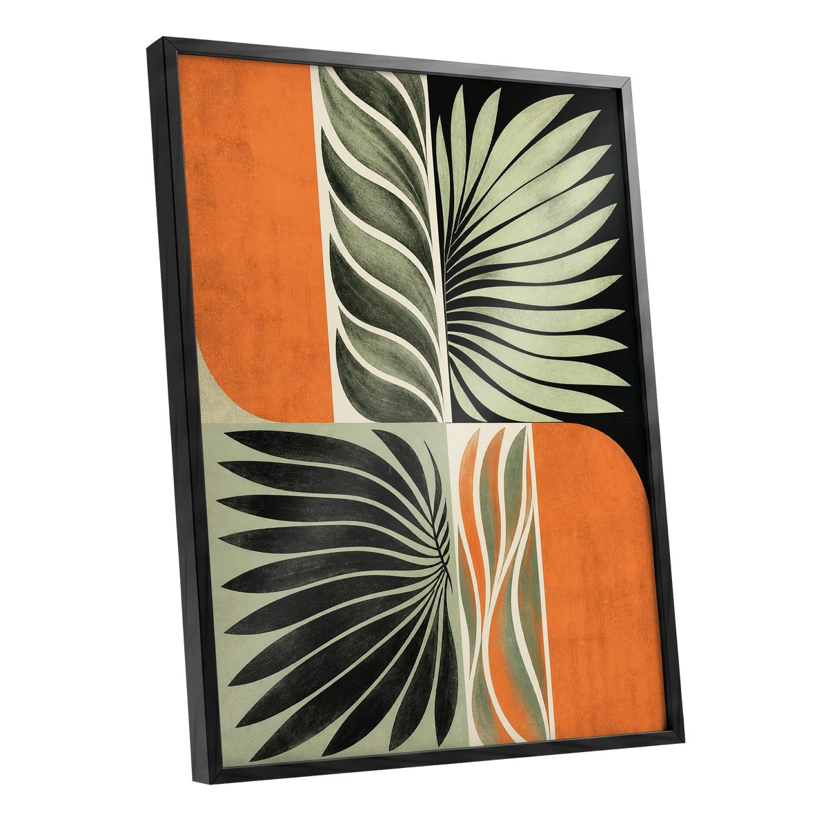 Palm Frond Rhythm, green, black, beige nature wall art shown as a black framed poster wall art print