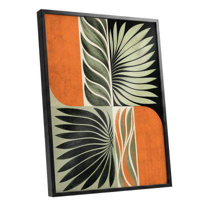 Palm Frond Rhythm, green, black, beige nature wall art shown as a black framed poster wall art print