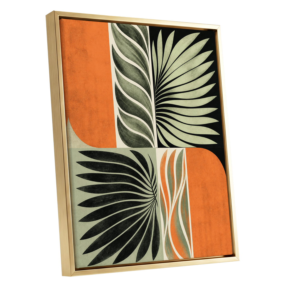Palm Frond Rhythm, green, black, beige nature wall art shown as a gold framed canvas wall art