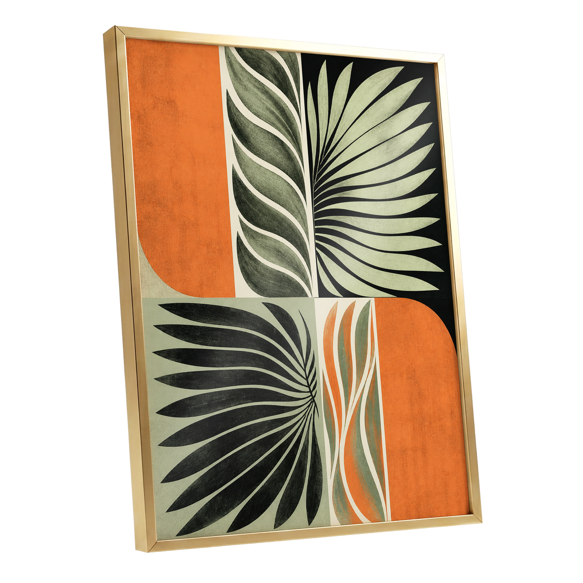 Palm Frond Rhythm, green, black, beige nature wall art shown as a gold framed poster wall art print