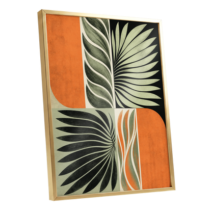 Palm Frond Rhythm, green, black, beige nature wall art shown as a gold framed poster wall art print