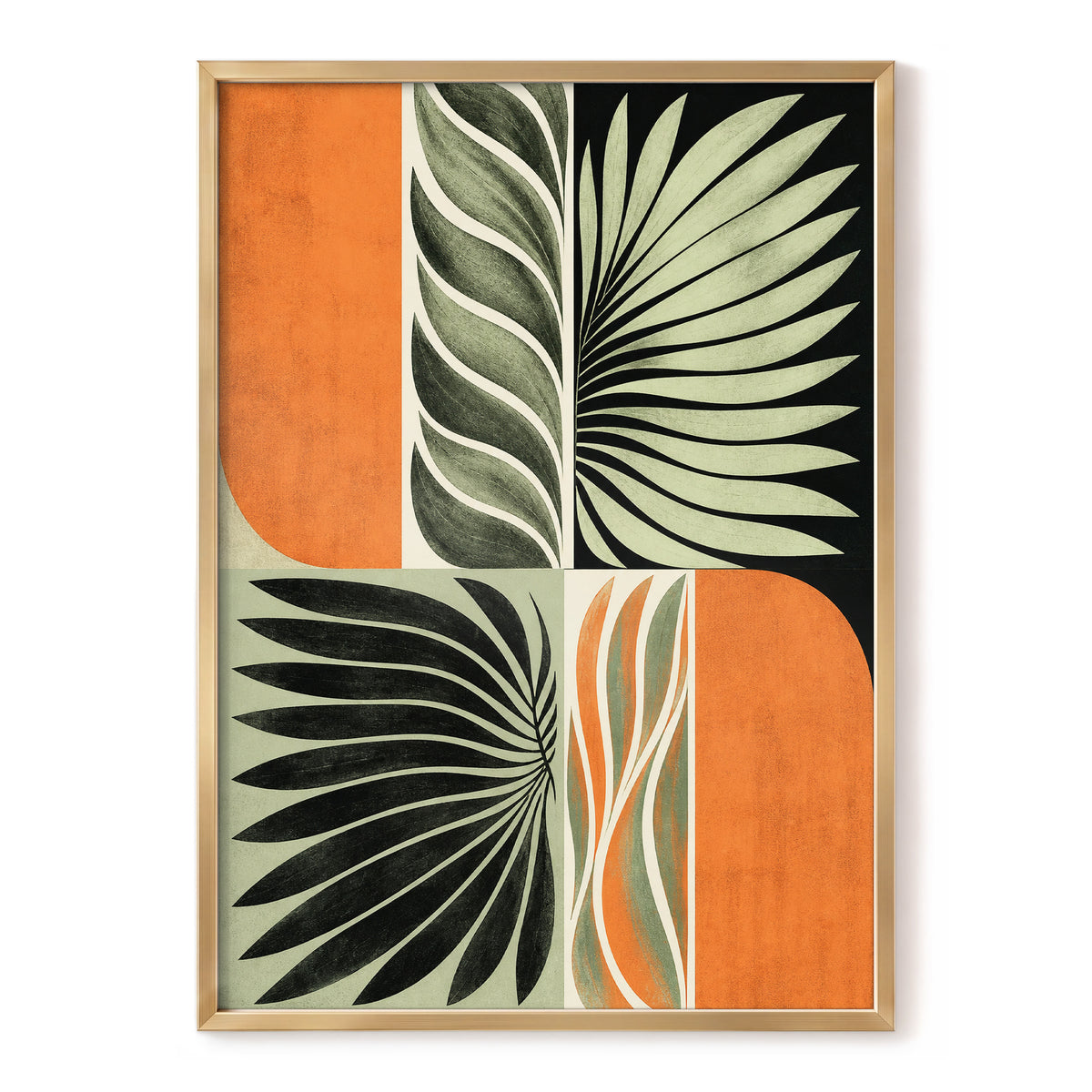 Palm Frond Rhythm, green, black, beige nature wall art, front artwork view