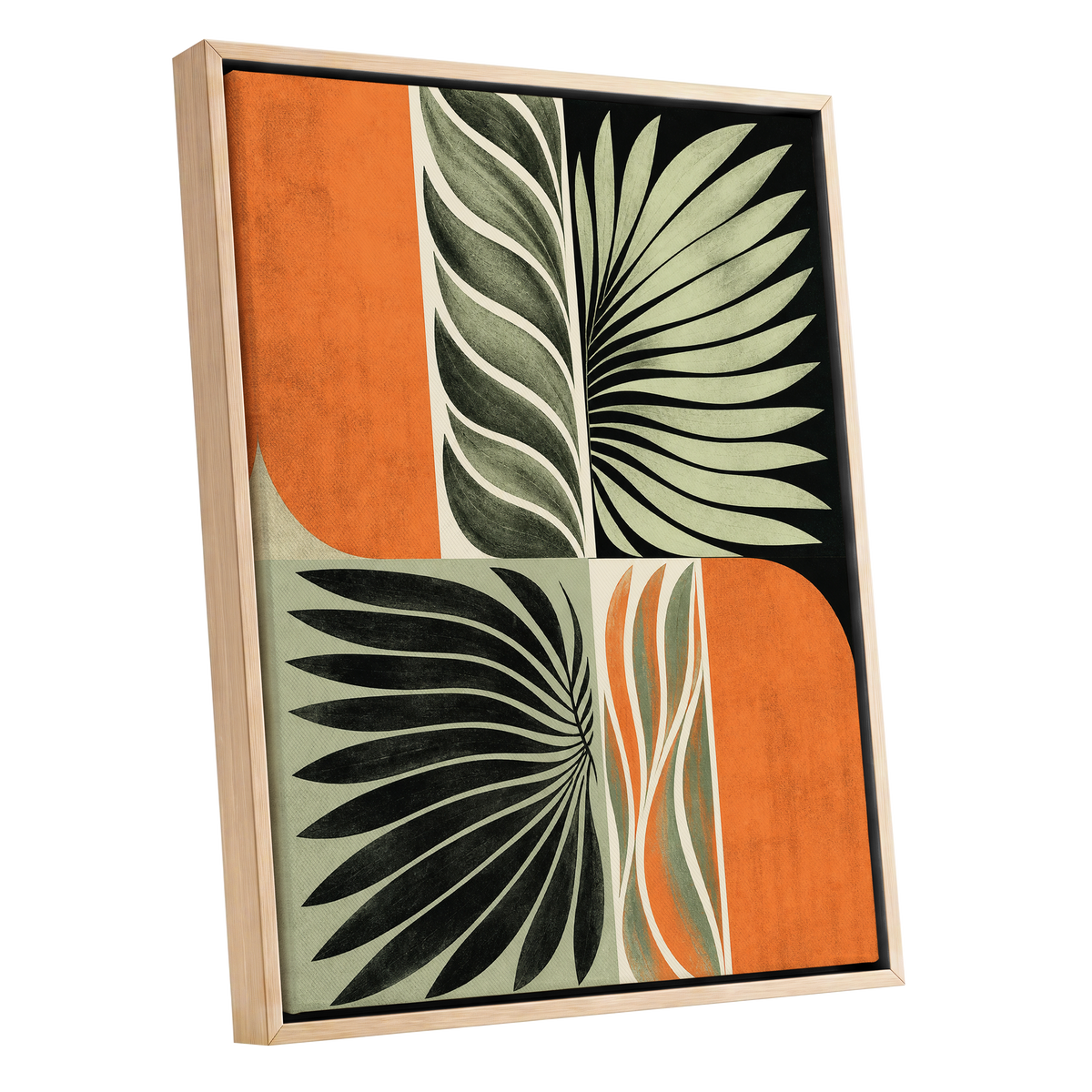 Palm Frond Rhythm, green, black, beige nature wall art shown as a oak framed canvas wall art