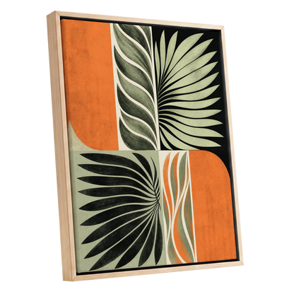 Palm Frond Rhythm, green, black, beige nature wall art shown as a oak framed canvas wall art