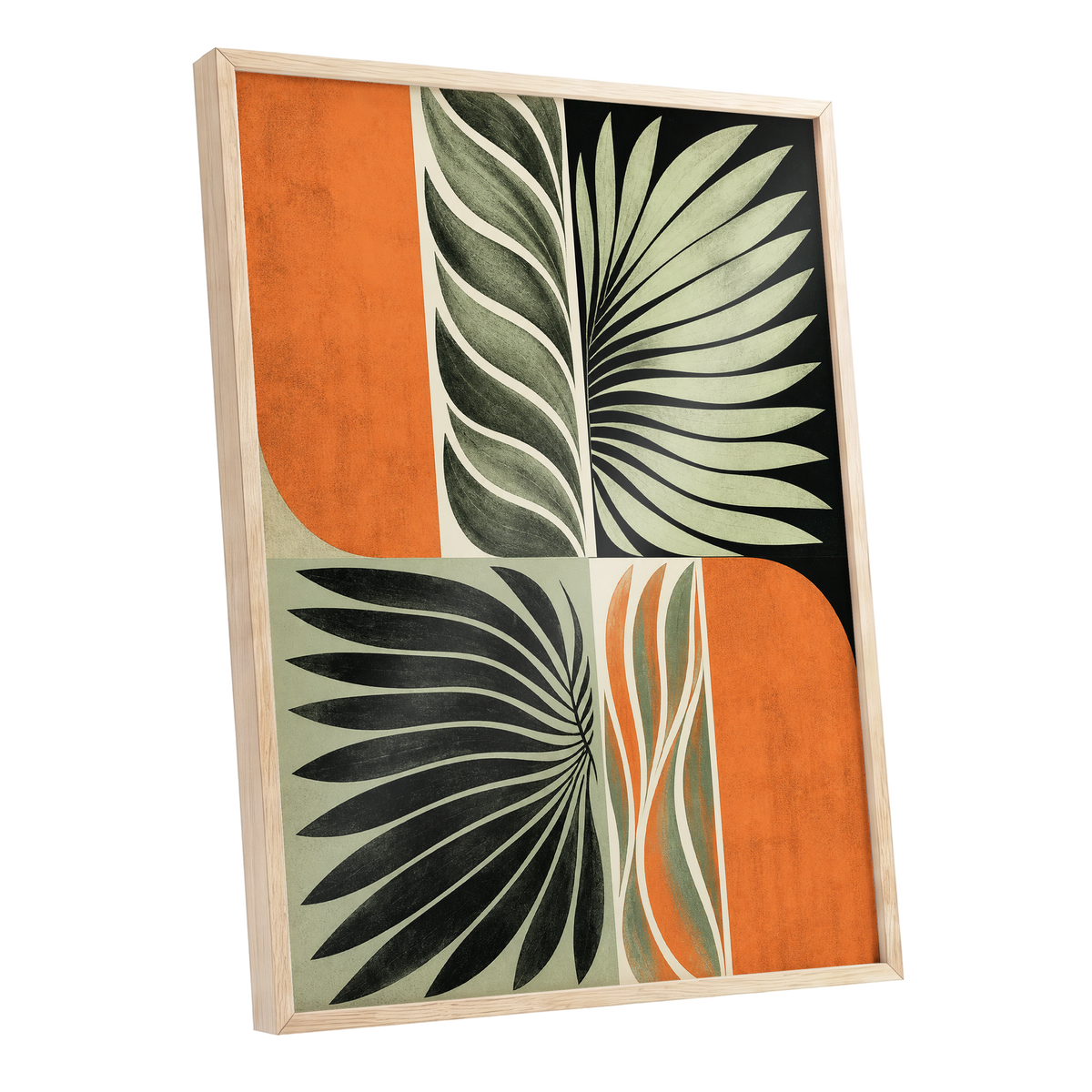 Palm Frond Rhythm, green, black, beige nature wall art shown as a oak framed poster wall art print