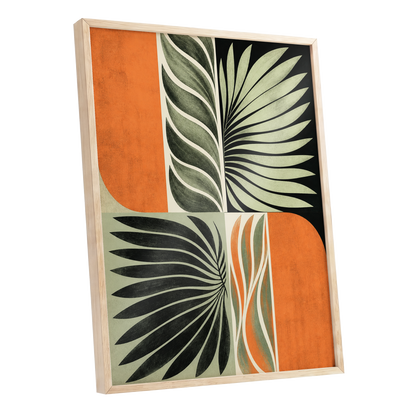 Palm Frond Rhythm, green, black, beige nature wall art shown as a oak framed poster wall art print