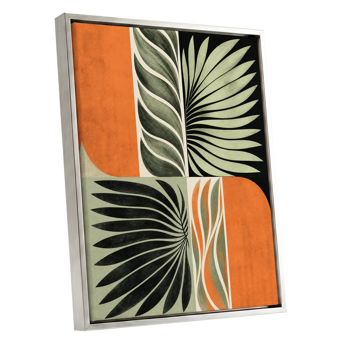 Palm Frond Rhythm, green, black, beige nature wall art shown as a silver framed canvas wall art