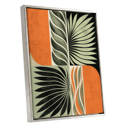 Palm Frond Rhythm, green, black, beige nature wall art shown as a silver framed canvas wall art