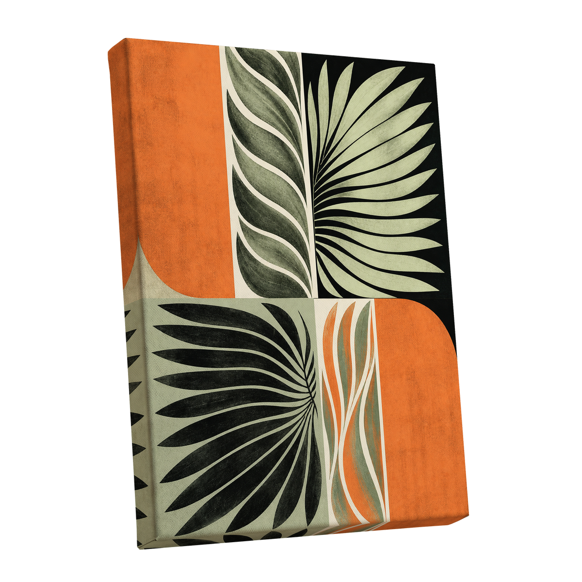 Palm Frond Rhythm, green, black, beige nature wall art shown as a stretched canvas wall art