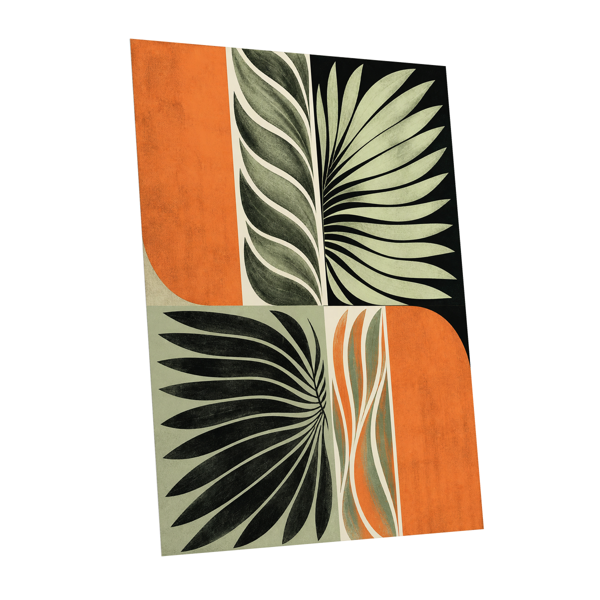 Palm Frond Rhythm, green, black, beige nature wall art shown as a unframed poster wall art print
