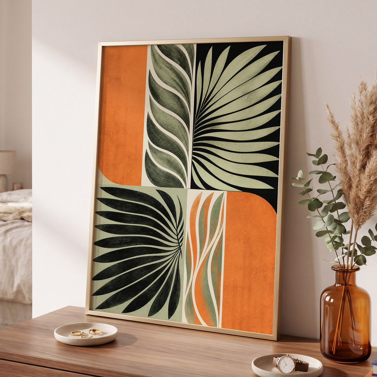 Palm Frond Rhythm, green, black, beige nature wall art displayed in a styled interior, gallery view 2