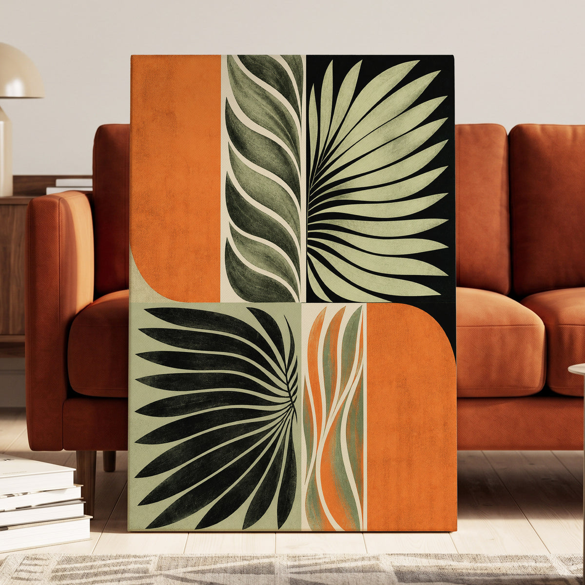 Palm Frond Rhythm, green, black, beige nature wall art displayed in a styled interior, gallery view 3