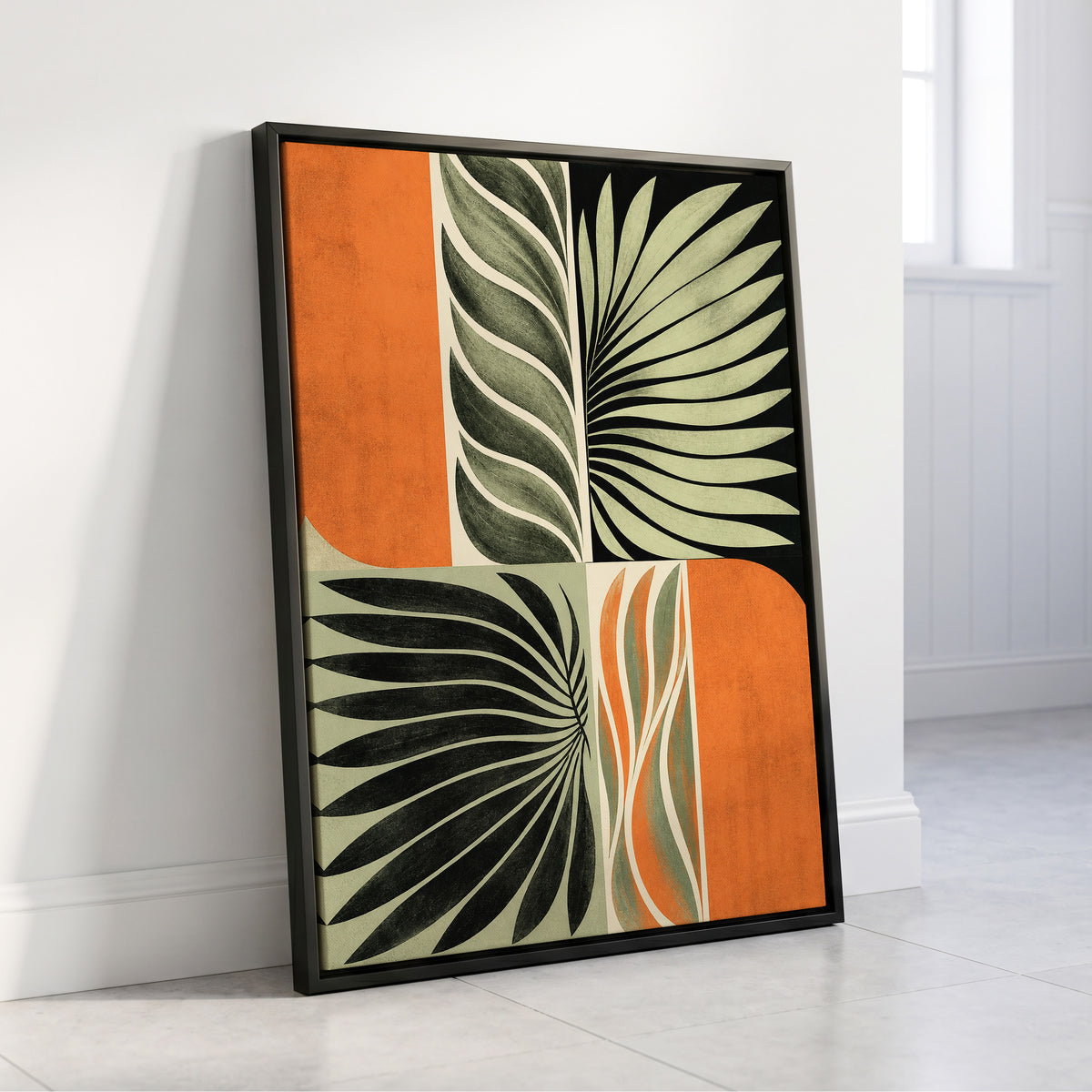 Palm Frond Rhythm, green, black, beige nature wall art displayed in a styled interior, gallery view 4