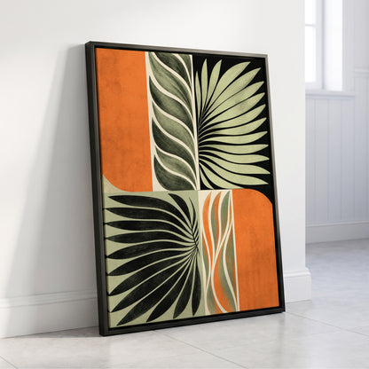 Palm Frond Rhythm, green, black, beige nature wall art displayed in a styled interior, gallery view 4