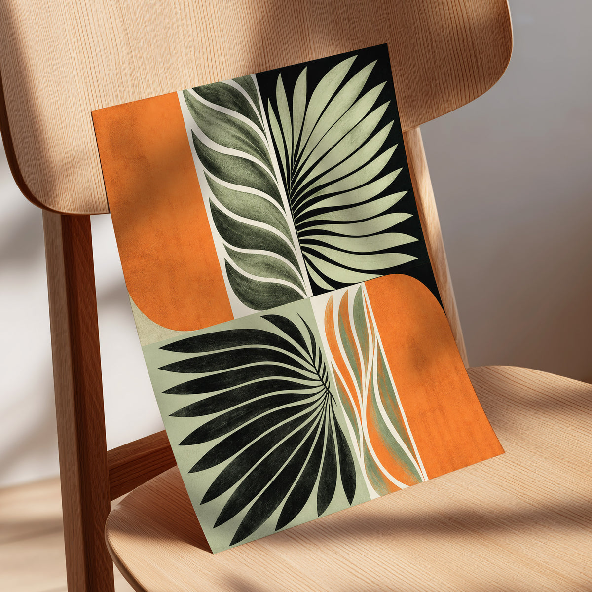 Palm Frond Rhythm, green, black, beige nature wall art displayed in a styled interior, gallery view 5