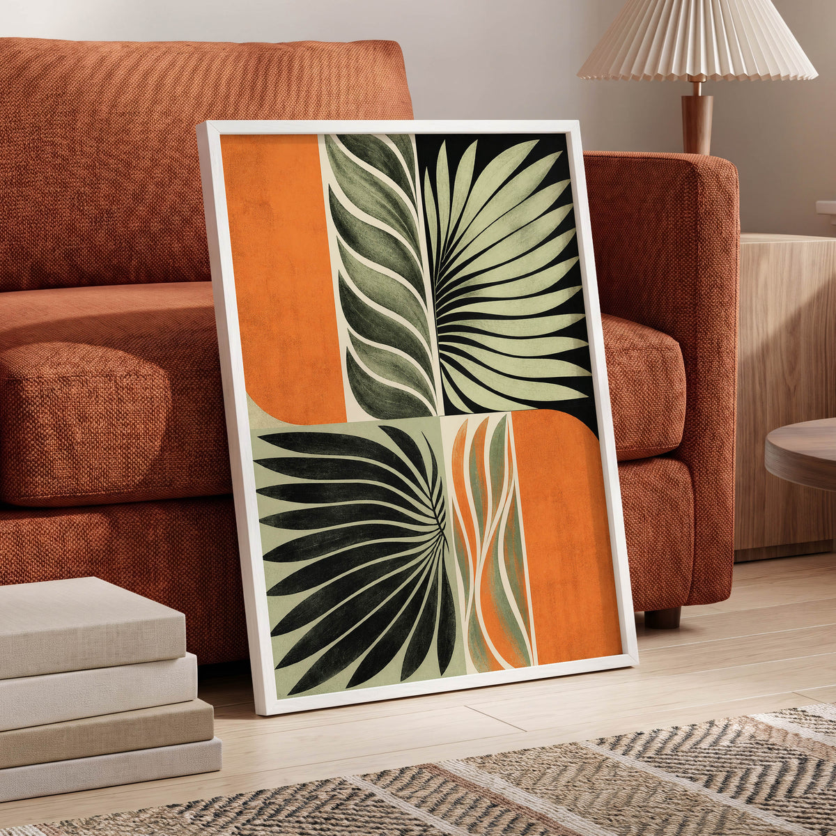 Palm Frond Rhythm, green, black, beige nature wall art displayed in a styled interior, gallery view 6
