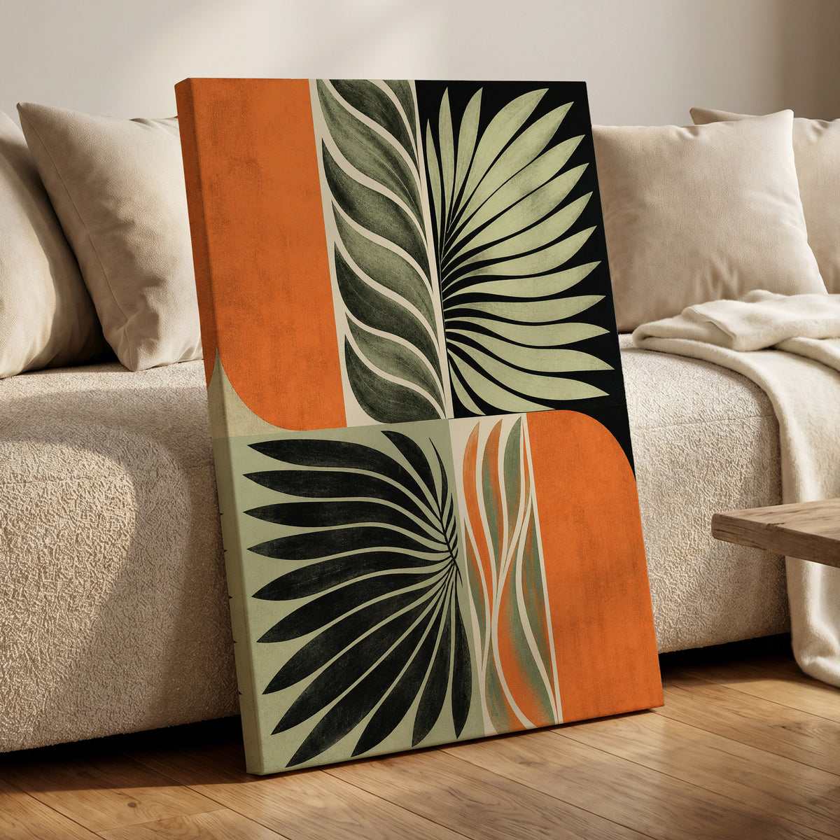 Palm Frond Rhythm, green, black, beige nature wall art displayed in a styled interior, gallery view 7
